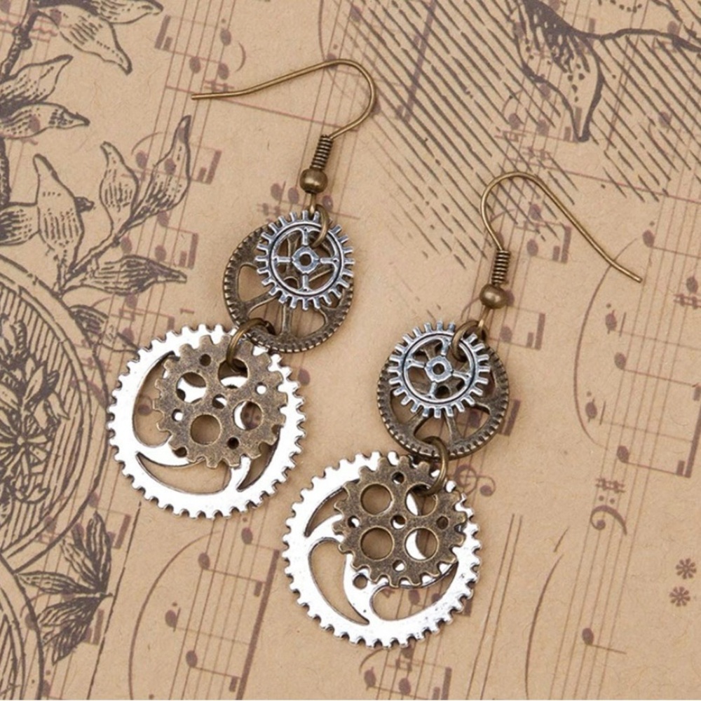 New Steampunk Metal Double Gear Drop Earrings